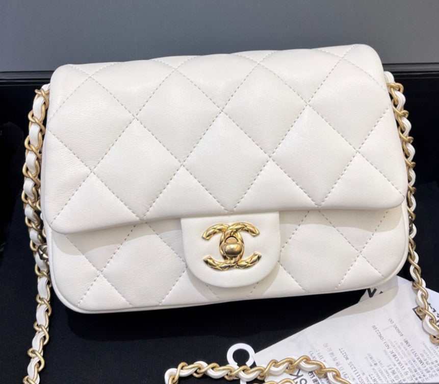 Chanel Classic Flap Chain Lambskin Shoulder Bag White Gold Women Fashion Diamond