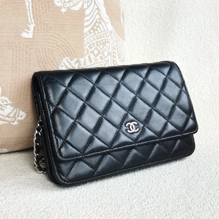 Chanel WOC Lambskin Chain Crossbody Black Silver Diamond Women Classic