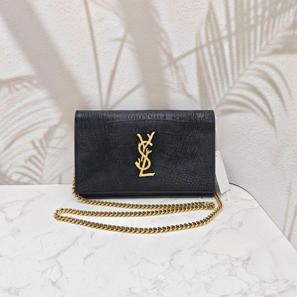 Saint Laurent Kate Black Croc-Embossed Suede Chain Shoulder Bag Women