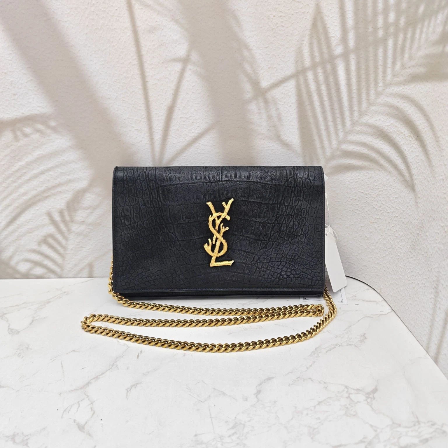 Saint Laurent Kate Black Croc-Embossed Suede Chain Shoulder Bag Women