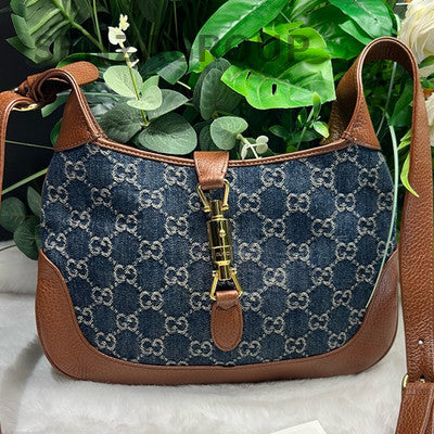 Gucci Denim Shoulder Bag Blue Brown Gold Buckle Classic GG Monogram