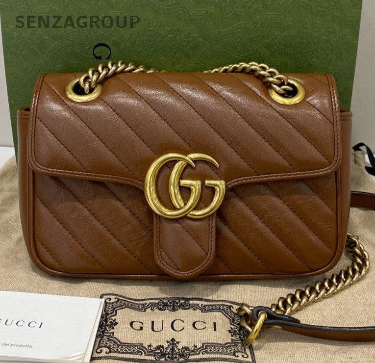 Gucci Marmont Chain Shoulder Bag Crossbody Brown Gold Women Classic Fashion