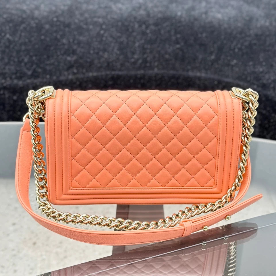 Chanel Leboy MM Calfskin Chain Shoulder Bag Crossbody Orange Gold Women S