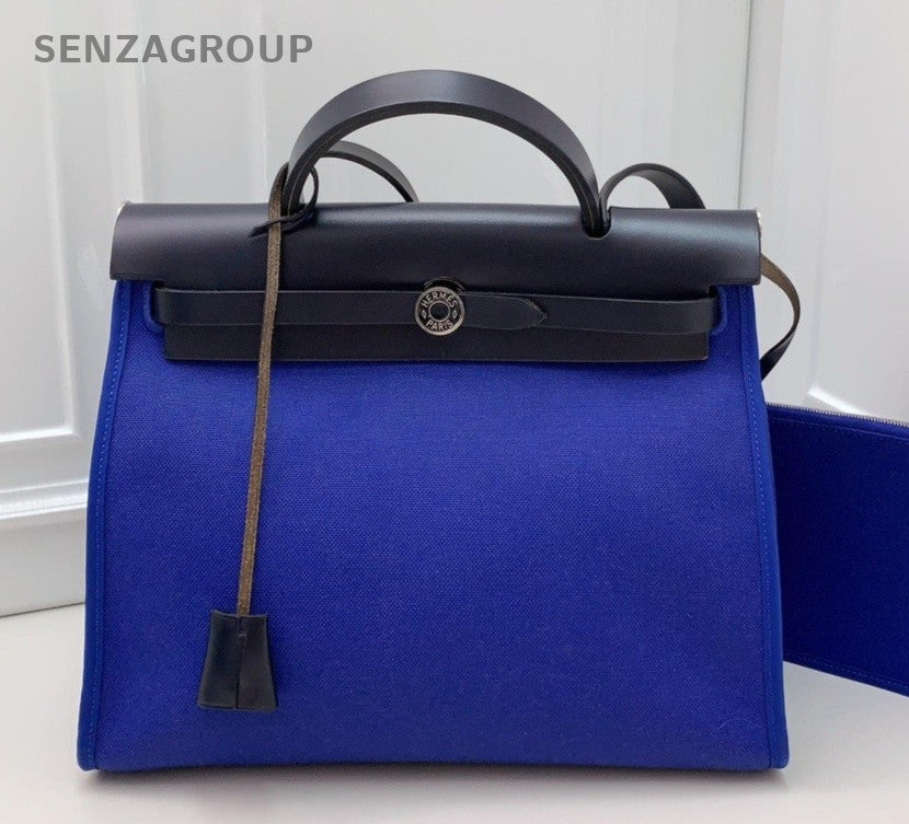 HERMES herbag Canvas Leather  Handbag Shoulder Crossbody Bag Women Blue