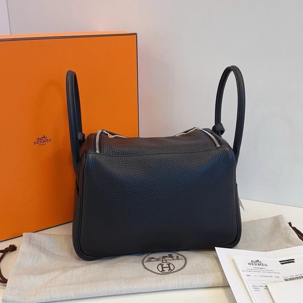 New Hermes Lindy26 TC Leather Black Top Handle Shoulder Bag Silver Hardware