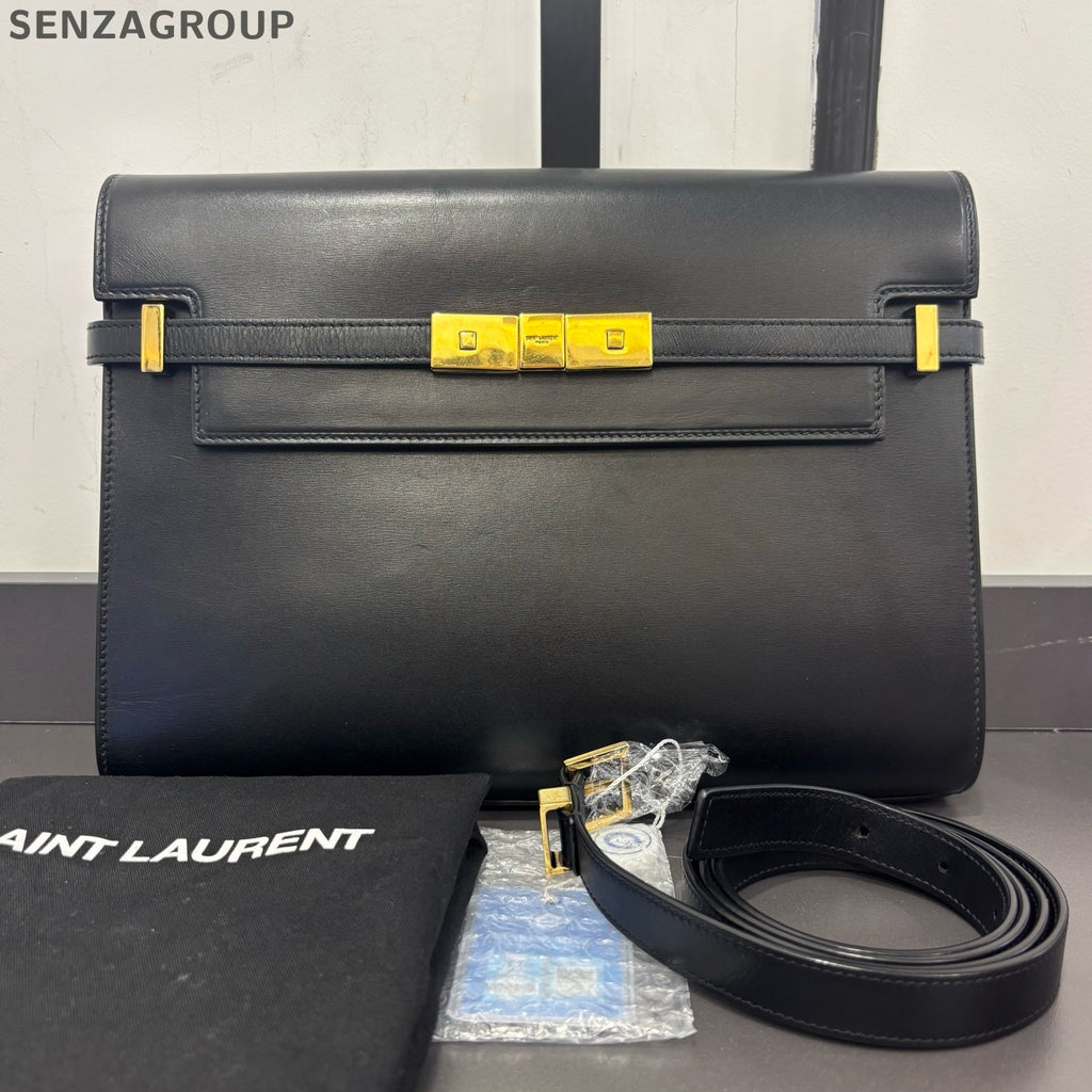 Saint Laurent Manhattan Leather Crossbody Shoulder Bag Women Black Gold
