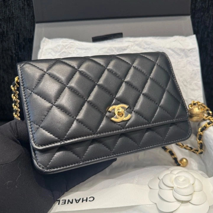 Chanel Woc Chain Lambskin Shoulder Crossbody Bag Black Gold Women D