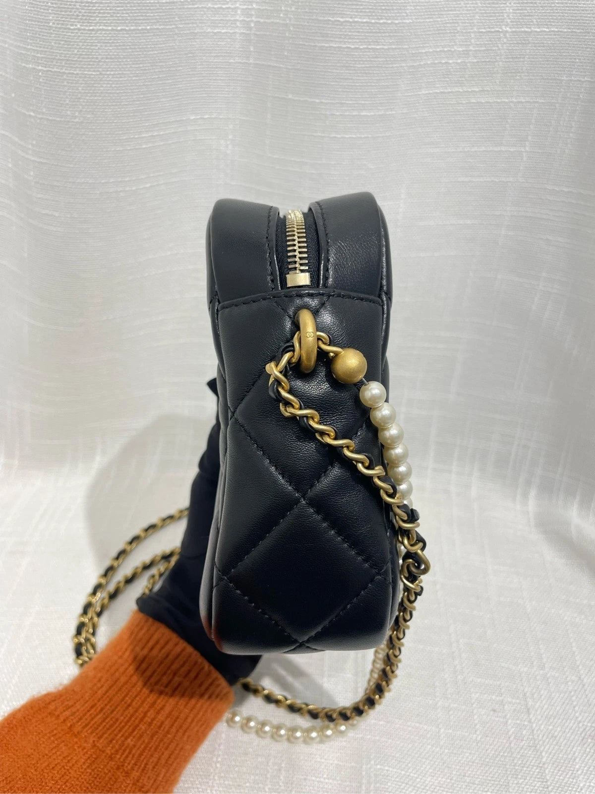 CHANEL Leather Mini Pearl Chain Camera Crossbody For Women