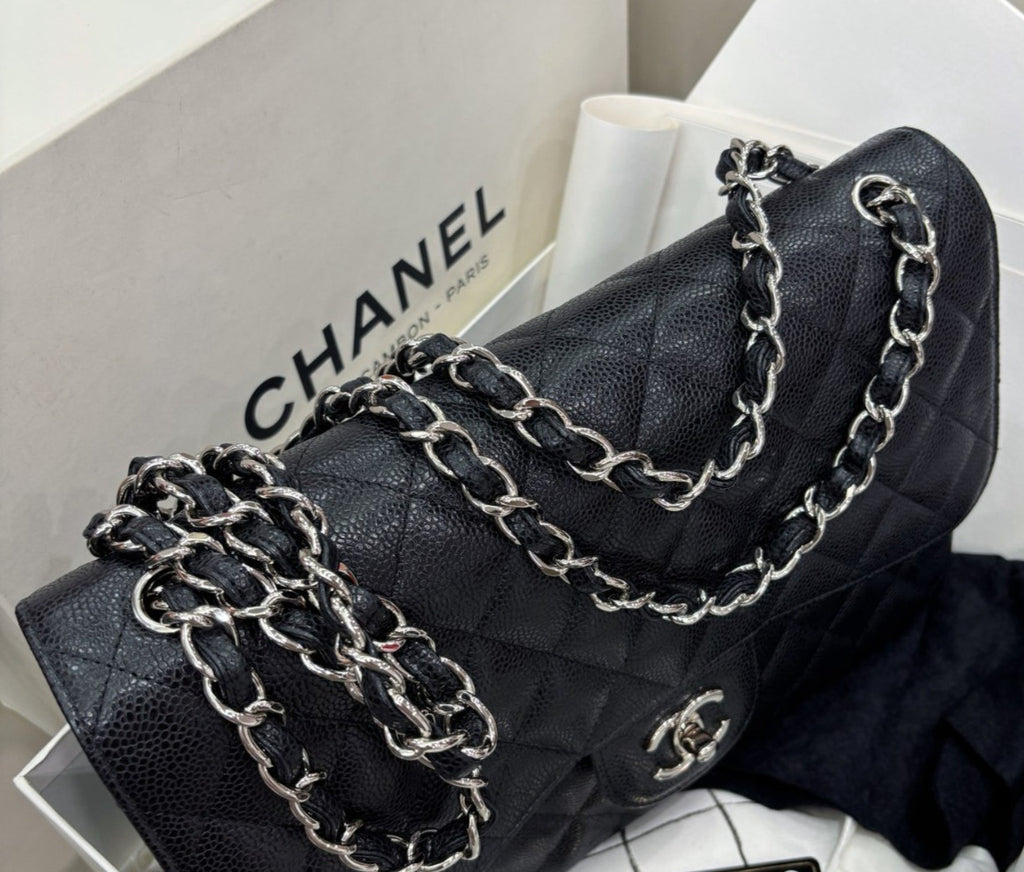 Chanel Classic Flap Jumbo Calfskin Chain Shoulder Bag Black Silver Women Fashion