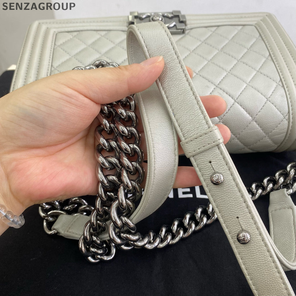 Chanel Le Boy Chevron Quilted Chain Shoulder Bag Silver White Classic Women