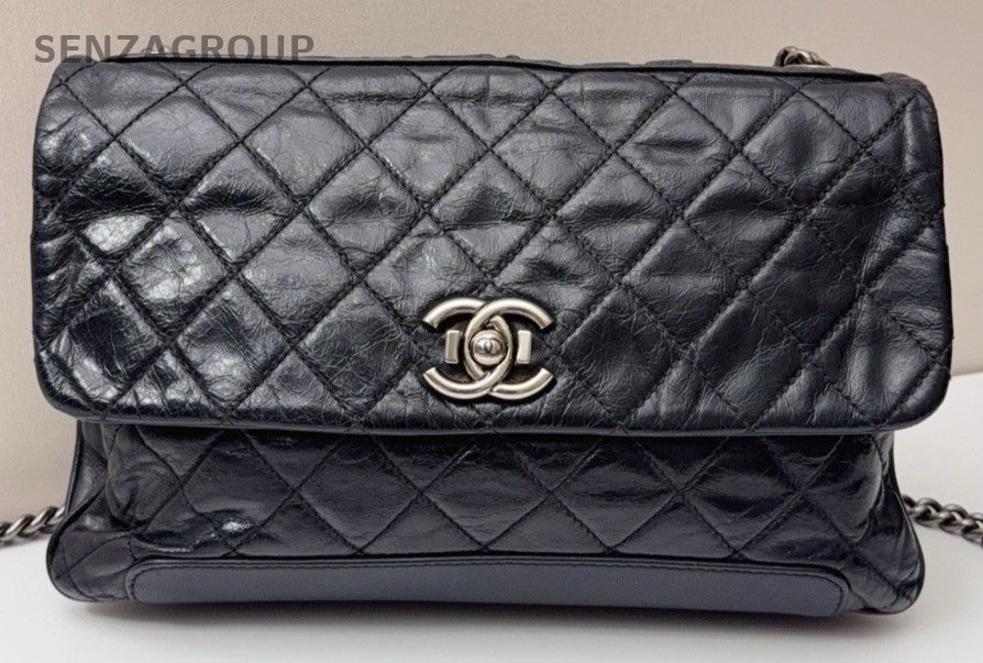 Chanel Classic Flap MM Chain Shoulder Bag Black Silver Used Women Designer