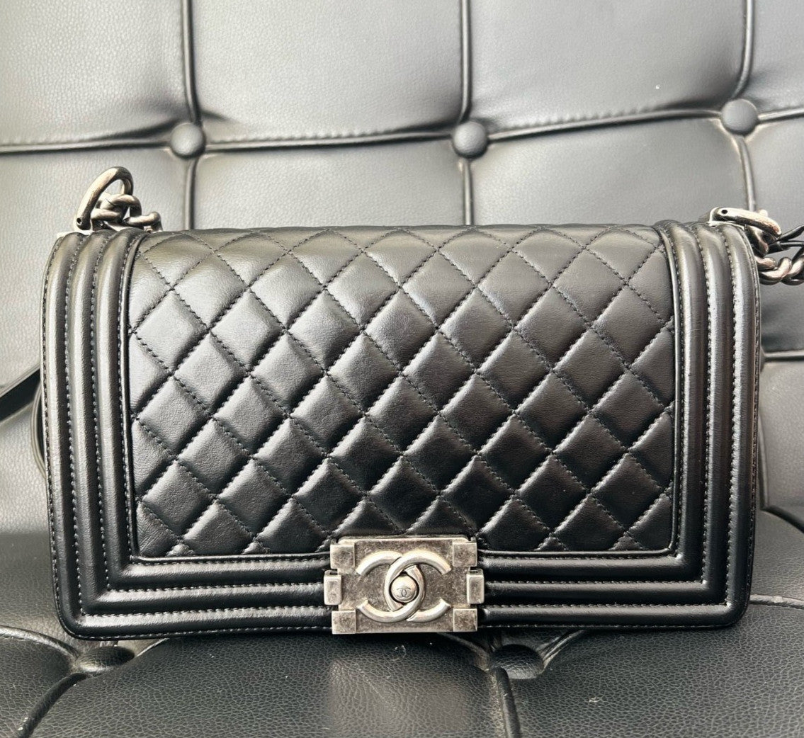 Chanel Leboy Lambskin Chain Shoulder Bag Crossbody Black Silver Classic Women