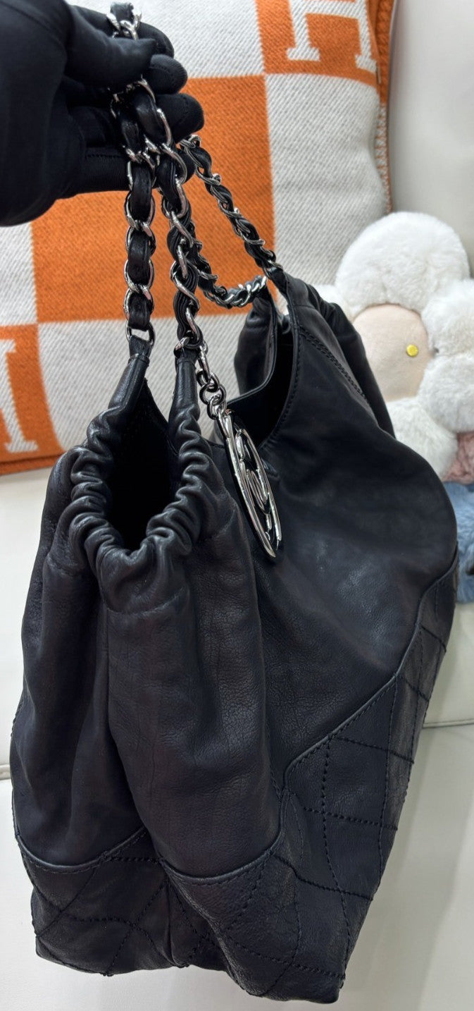 CHANEL Classic Logo Calfskin tote Shoulder bag Black Silver Women