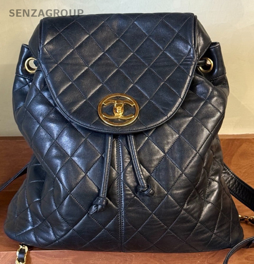 Chanel Vintage Lambskin Backpack Black Gold Unisex Adults Classic