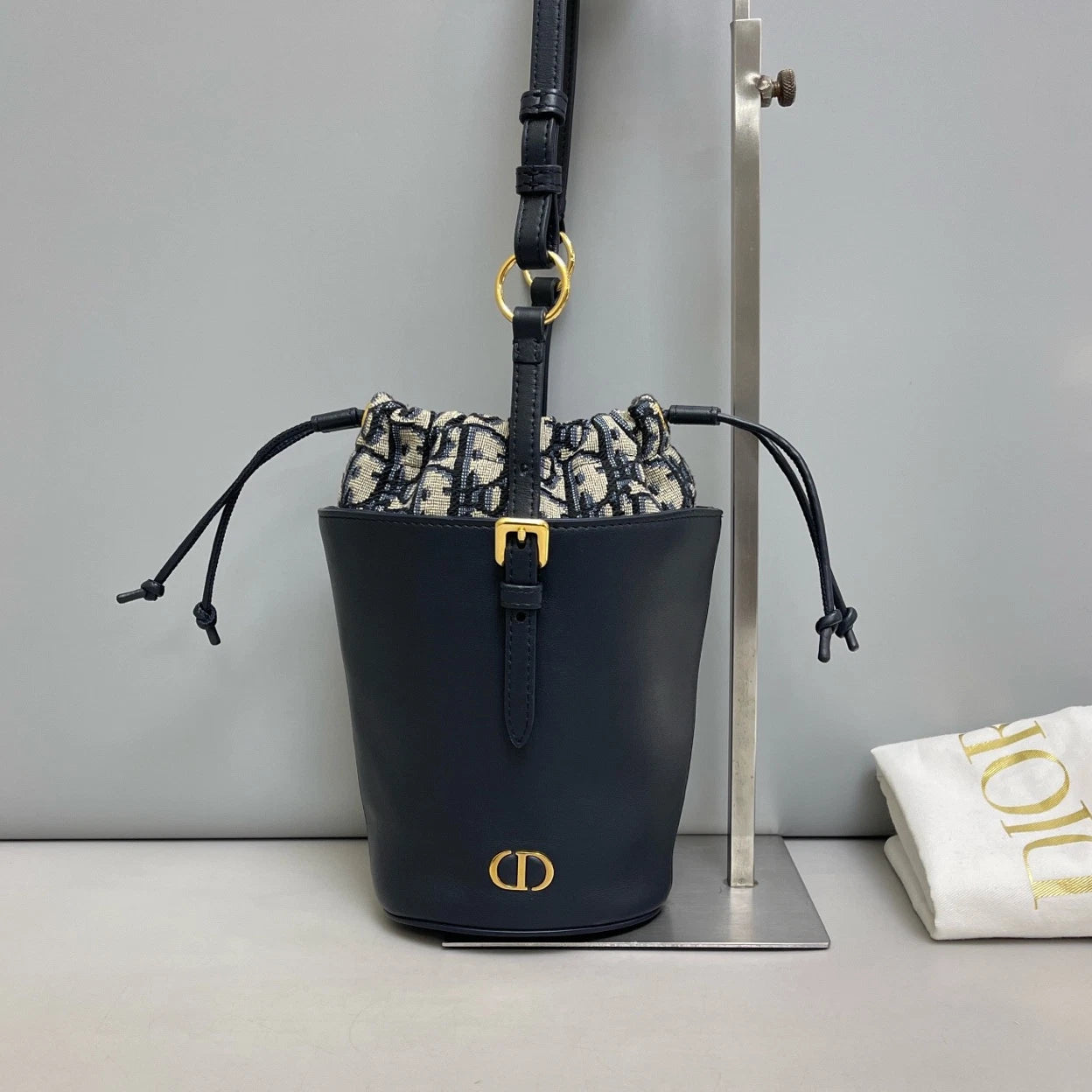 Authentic Christian Dior Montaigne Bucket Mini Shoulder Bag Black Gold Hardware