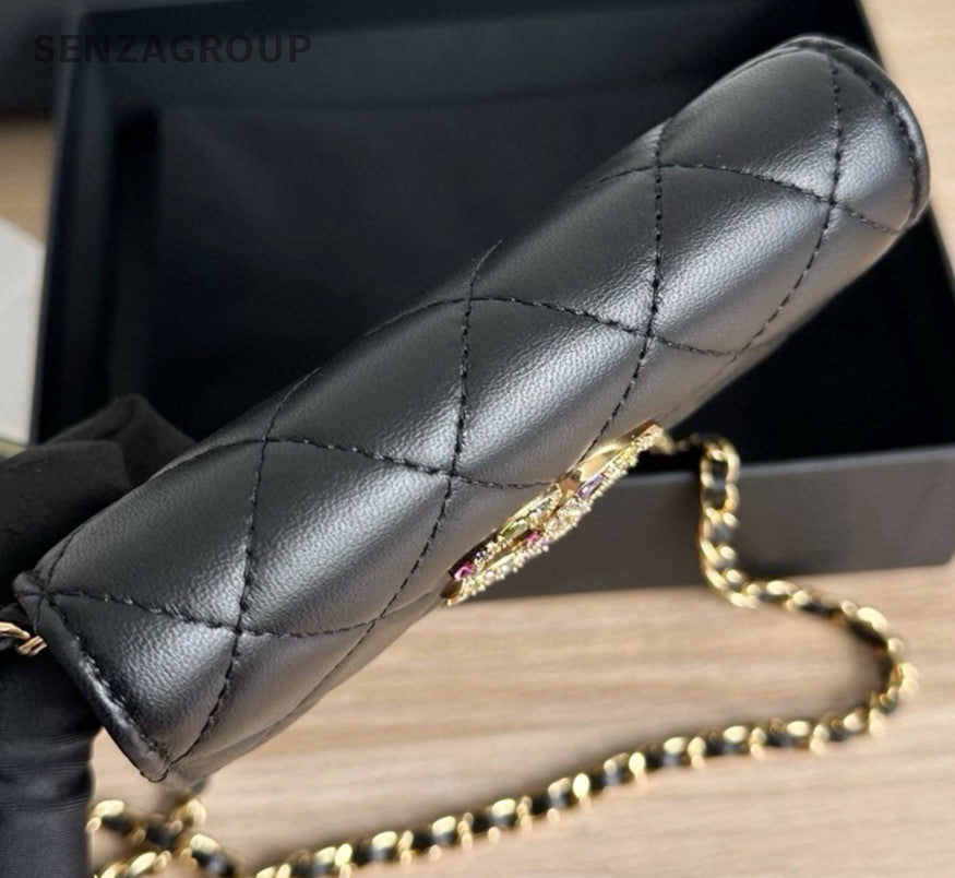 Chanel WOC Mini Lambskin Chain Shoulder Bag Crossbody Black Gold Women Classic