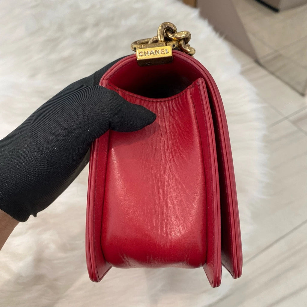 Chanel Le Boy Medium Calfskin Chain Shoulder Bag Red Silver Classic Women