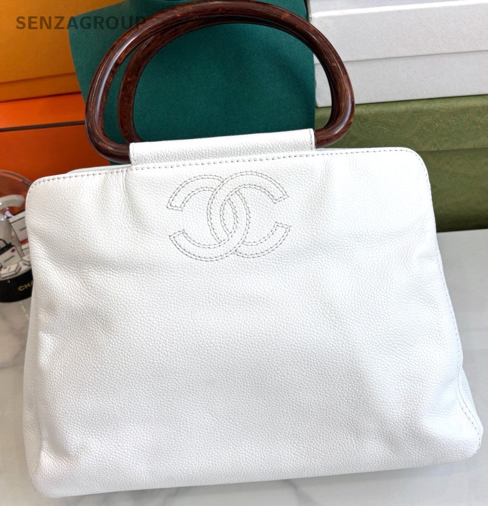 CHANEL CC Top Handle Pear blossom wood handle Handbag Calfskin White Women