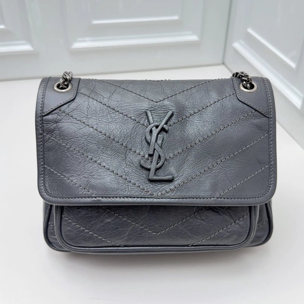 Saint Laurent Niki PM Chain Shoulder Crossbody Gray Silver Women Classic