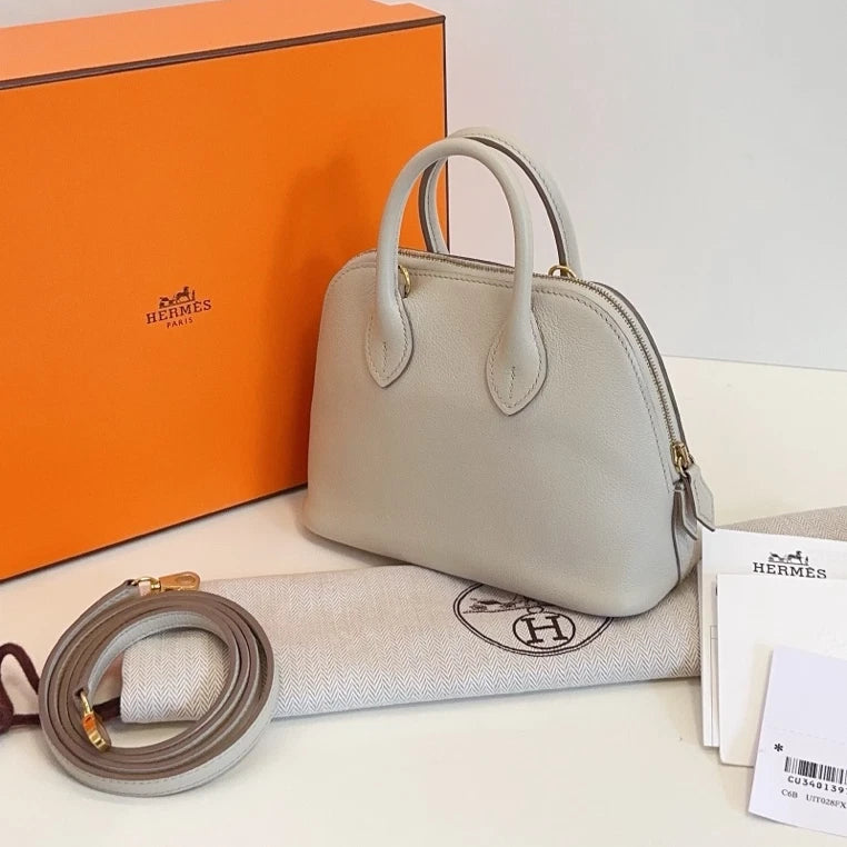 Hermes Bolide Mini Top Handle Crossbody White Silver Women Classic Fashion
