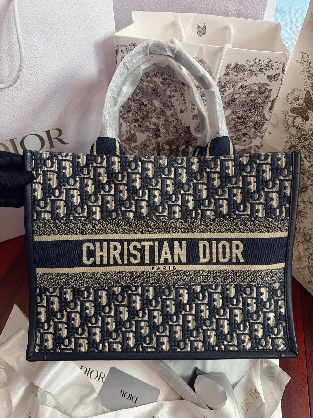 Excellent Christian Dior Book Tote MM Oblique Canvas Blue Handbag Shoulder Bag