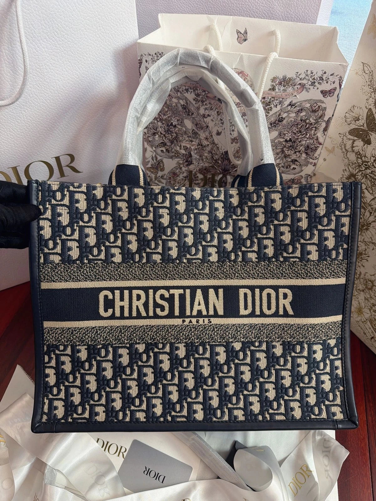 Excellent Christian Dior Book Tote MM Oblique Canvas Blue Handbag Shoulder Bag