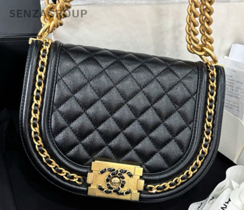 Chanel Leboy Calfskin Chain Shoulder Bag Black Gold Diamond Women Classic