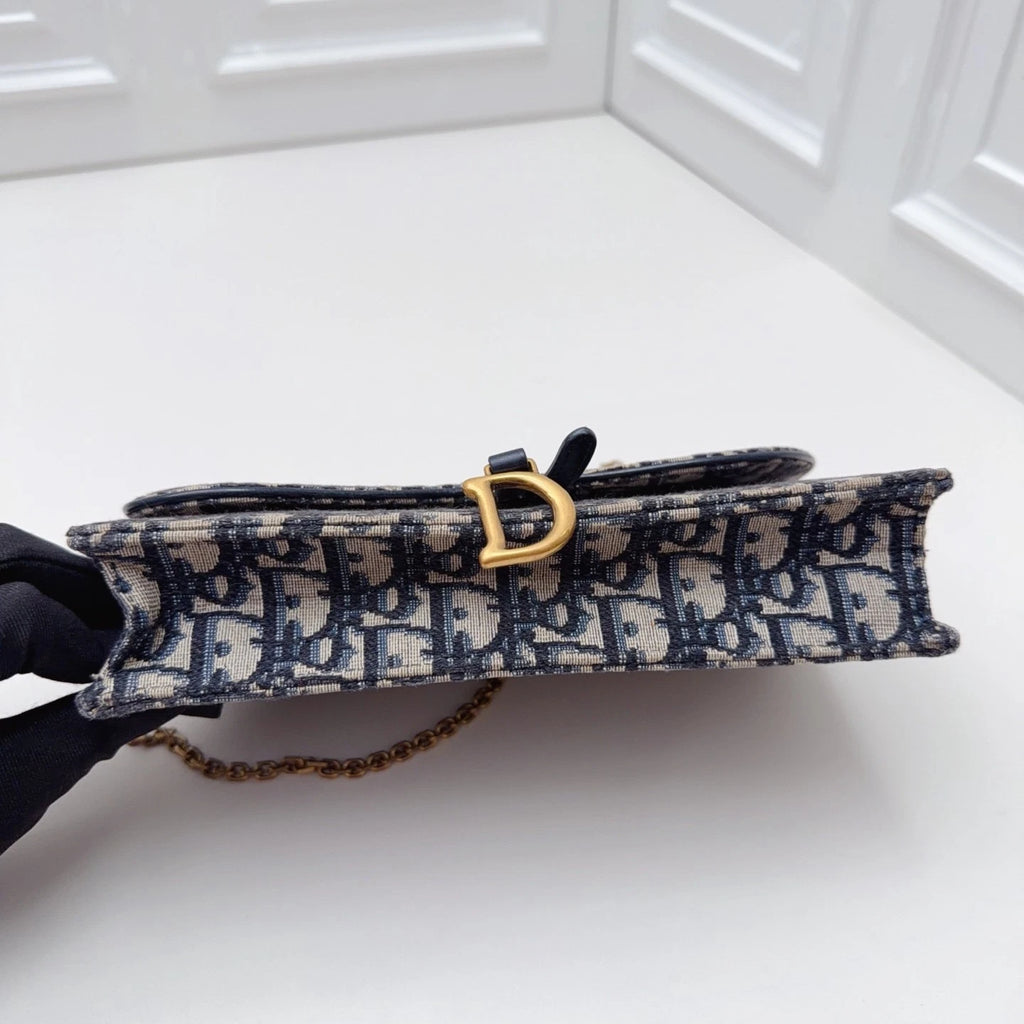 Christian Dior Oblique Canvas WOC Gold Chain Navy Shoulder Bag Crossbody