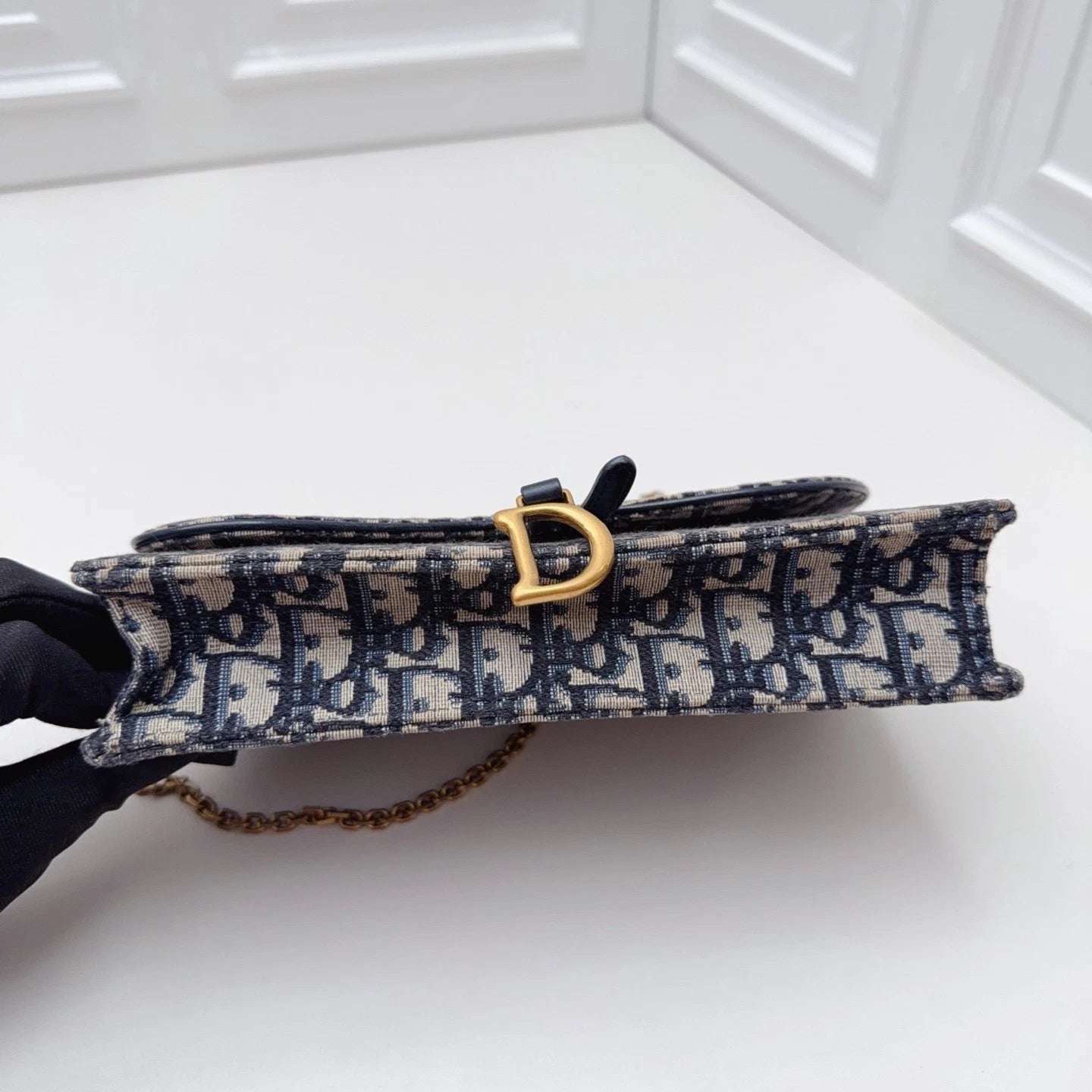 Christian Dior Oblique Canvas WOC Gold Chain Navy Shoulder Bag Crossbody