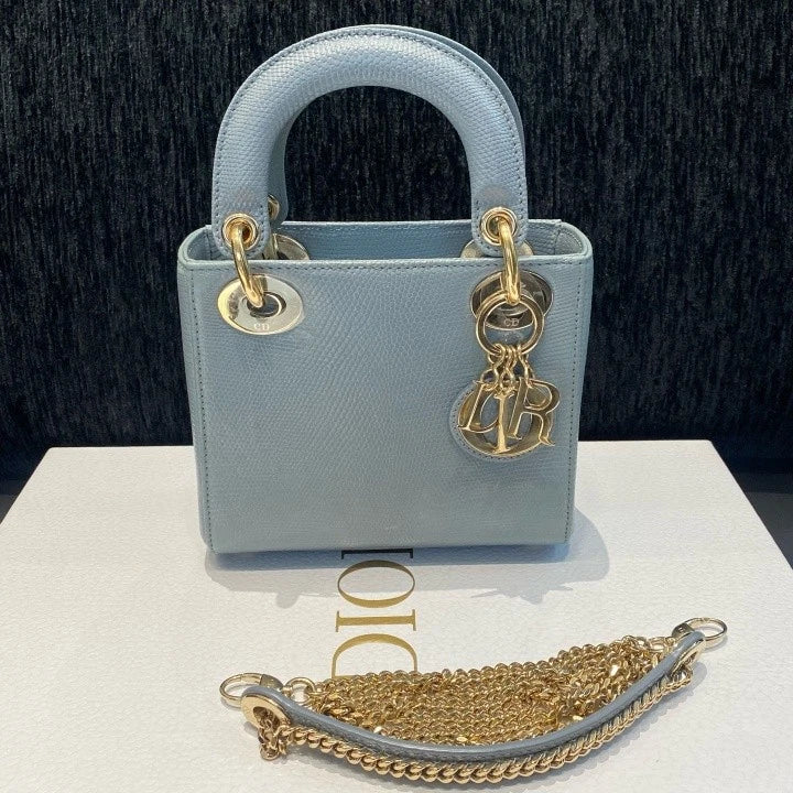 Dior Lady Dior Gold Gray Crossbody Top Handle Excellent