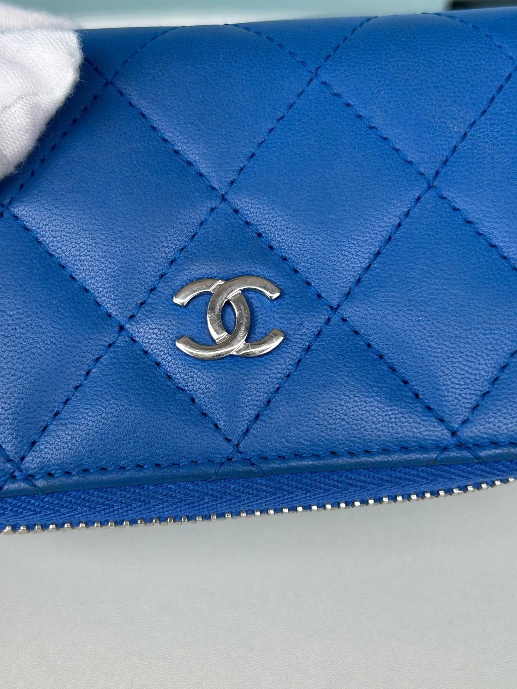 Chanel Diamond Lambskin Card Wallet Blue Silver Used Women Classic