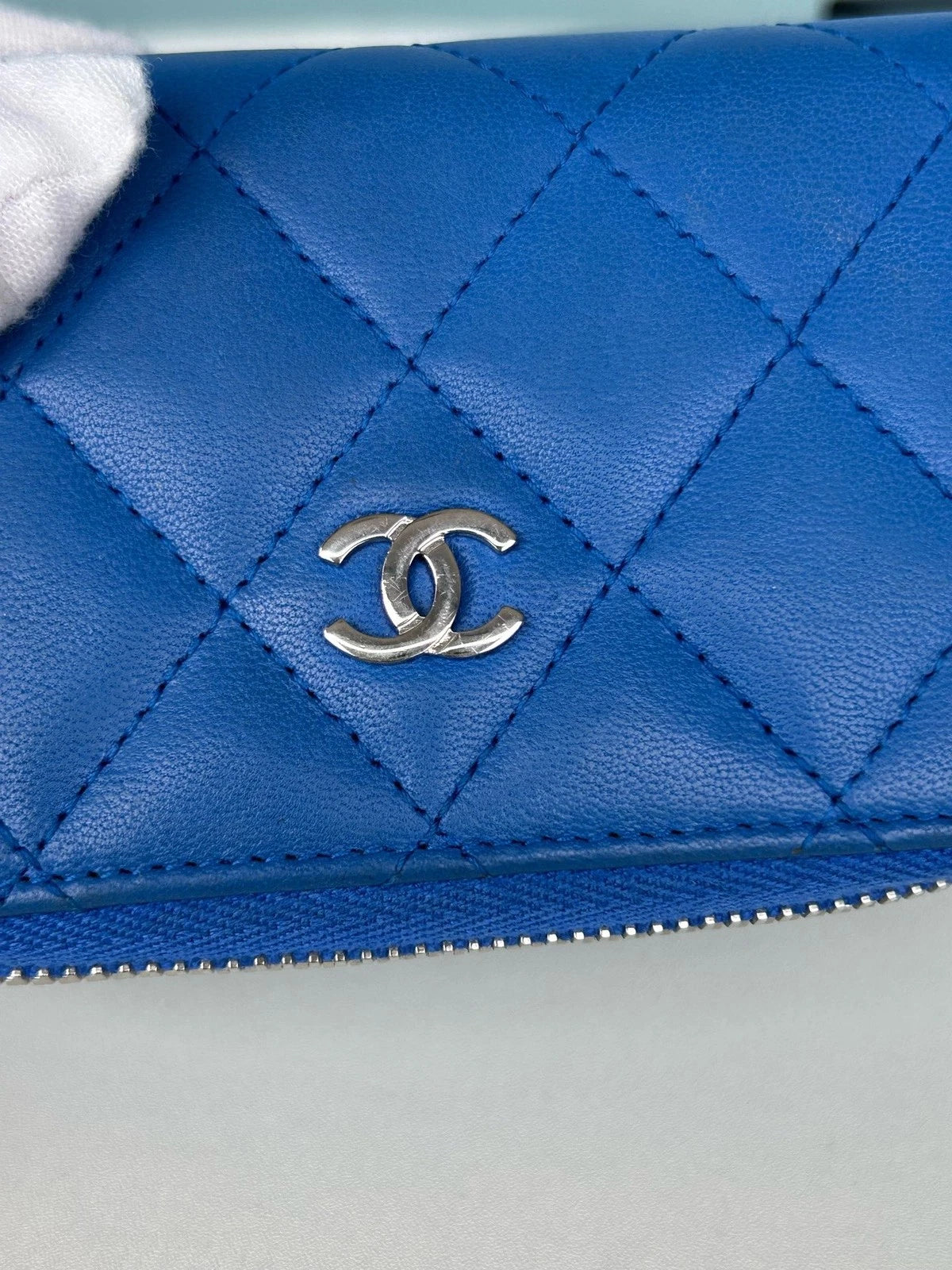 Chanel Diamond Lambskin Card Wallet Blue Silver Used Women Classic