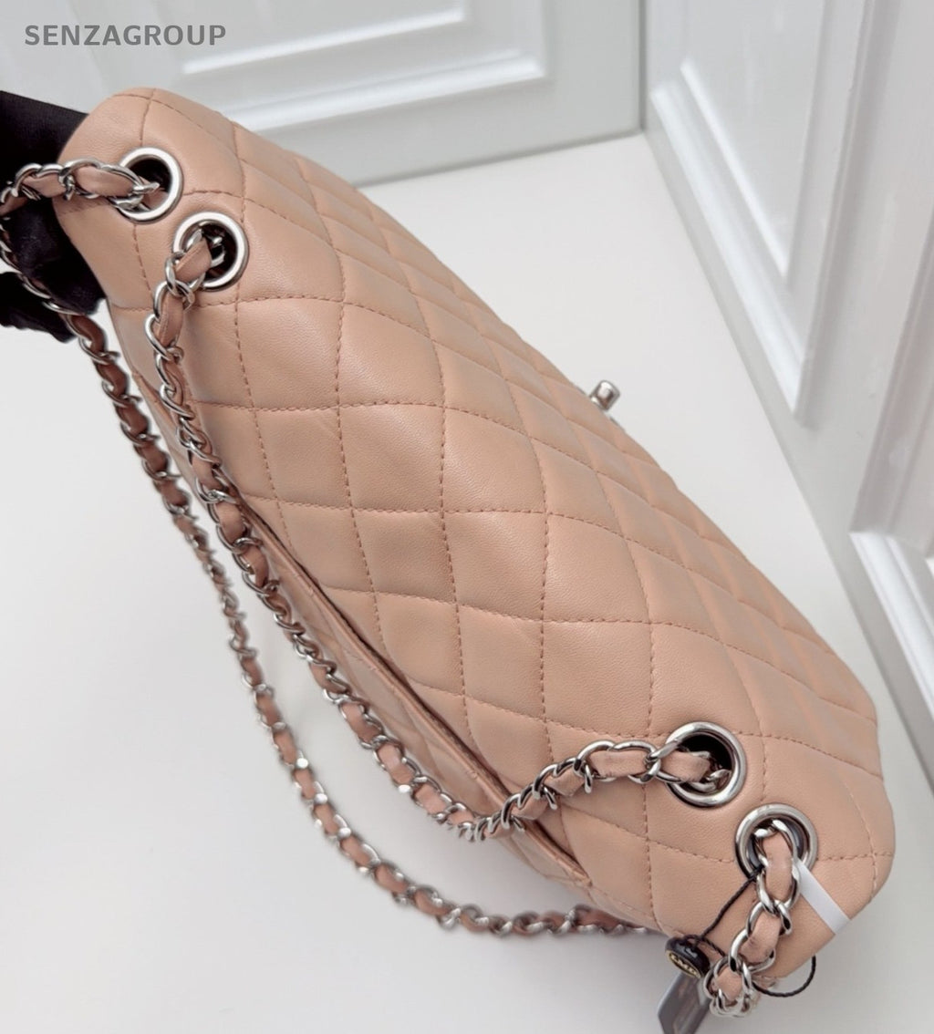 Chanel Classic Flap Lambskin Chain Shoulder Bag Peach Pink Silver Women Fashion