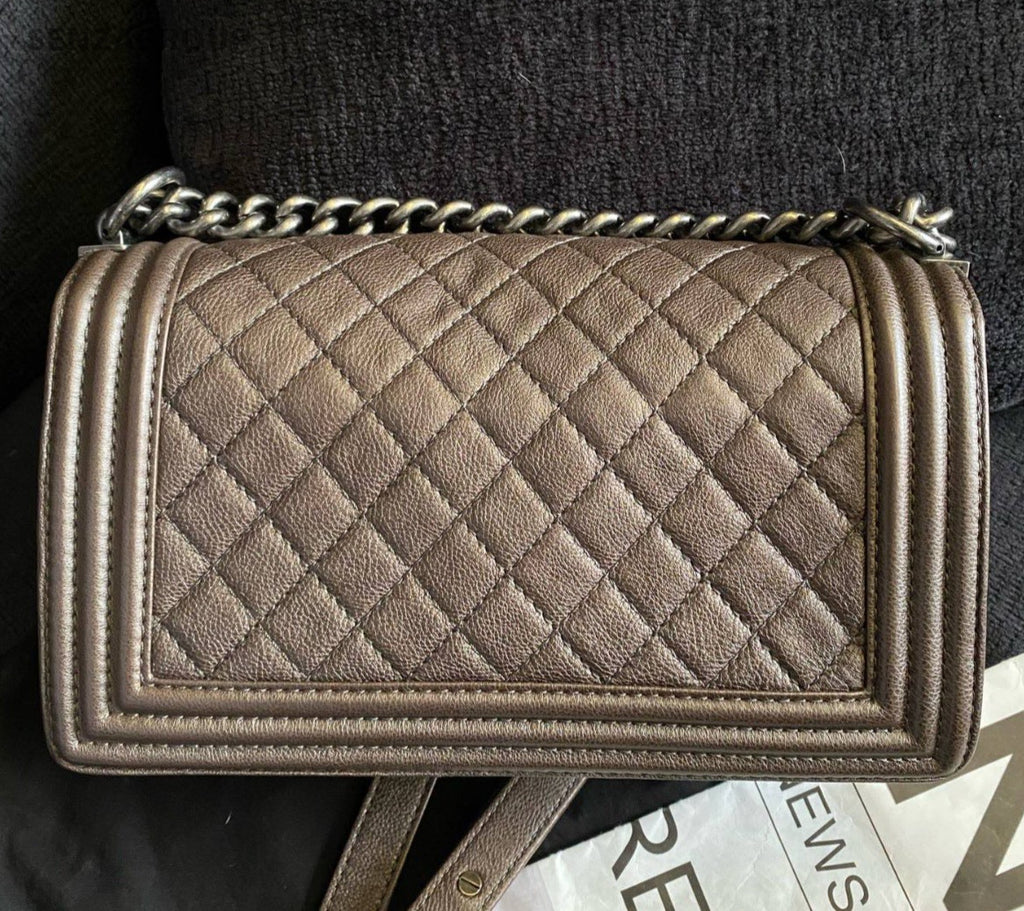 Chanel Leboy MM Chain Shoulder Bag Crossbody Brown Silver Women Classic
