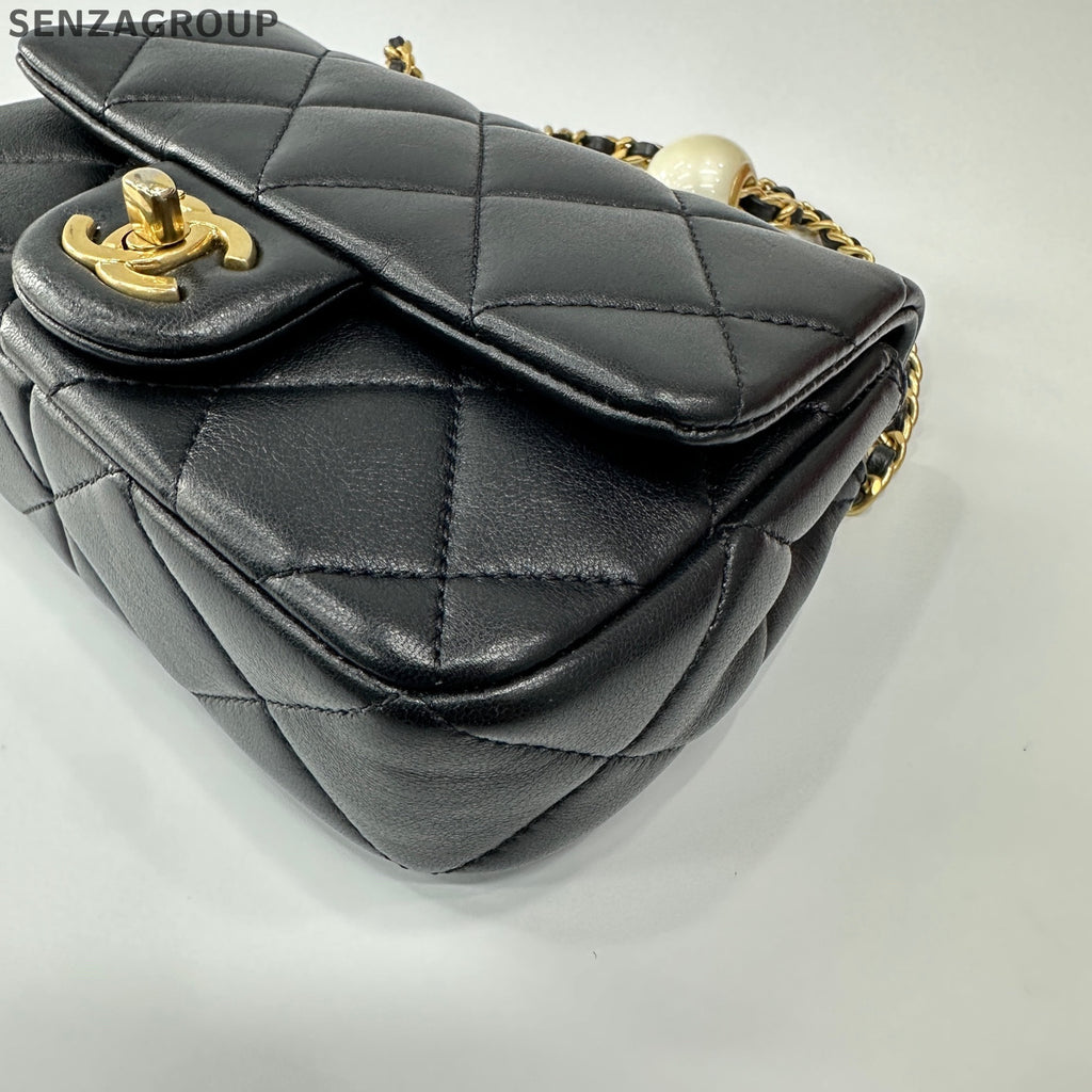 Chanel Classic Flap Double Pearl Chain Shoulder Crossbody Bag Black Gold