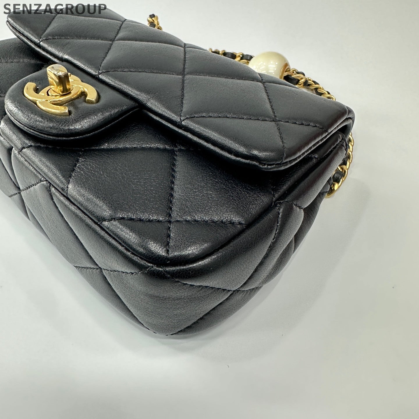 Chanel Classic Flap Double Pearl Chain Shoulder Crossbody Bag Black Gold