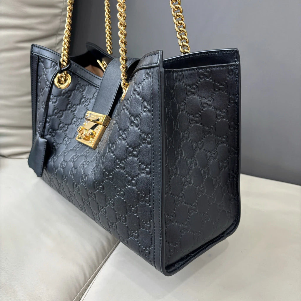 Authentic Gucci Padlock GM Calfskin Gold Chain Black Tote Shoulder Bag