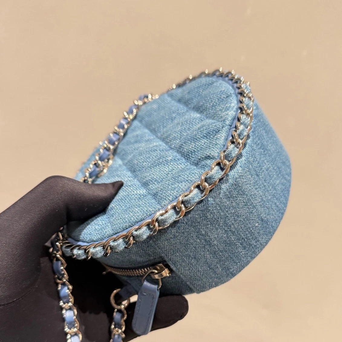 Chanel Denim Round Bag Chain Crossbody Blue Gold Diamond Women Classic