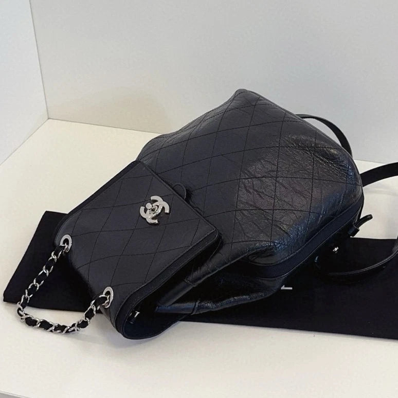 Chanel Diamond Backpack Black Silver Used Women Classic Fashion