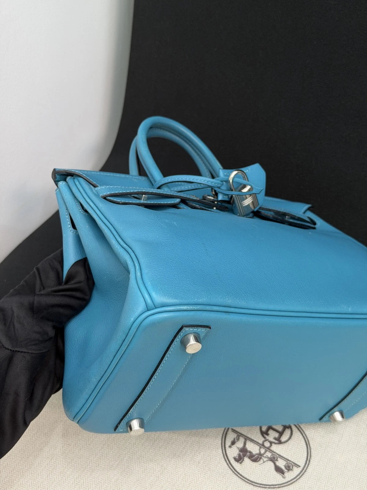 Hermes Birkin25 Evercolor Leather Top Handle Bag Blue Silver Used Women Classic
