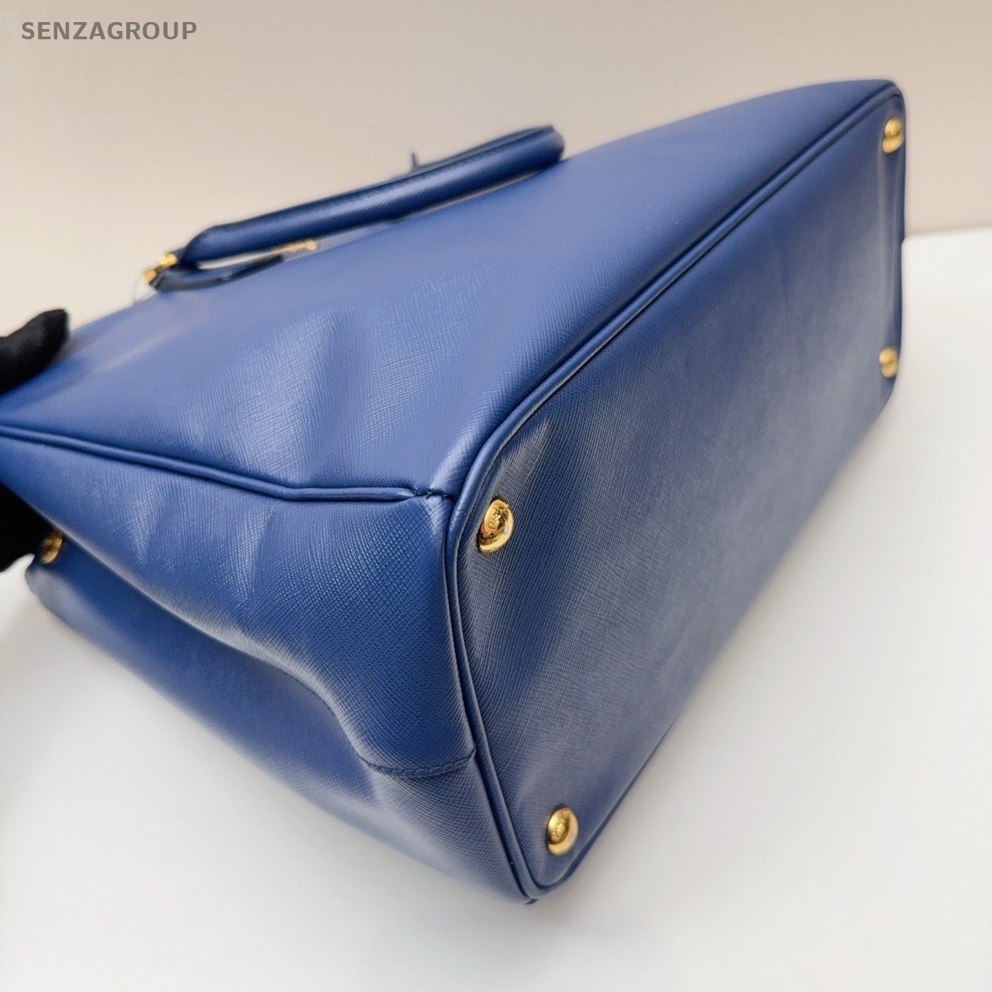PRADA Saffiano Top Handle Blue Gold Handbag Women Classic
