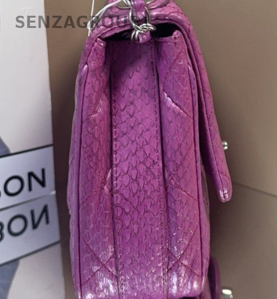 Chanel Classic Flap Snakeskin Chain Top Handle Bag Purple Silver Women Designer