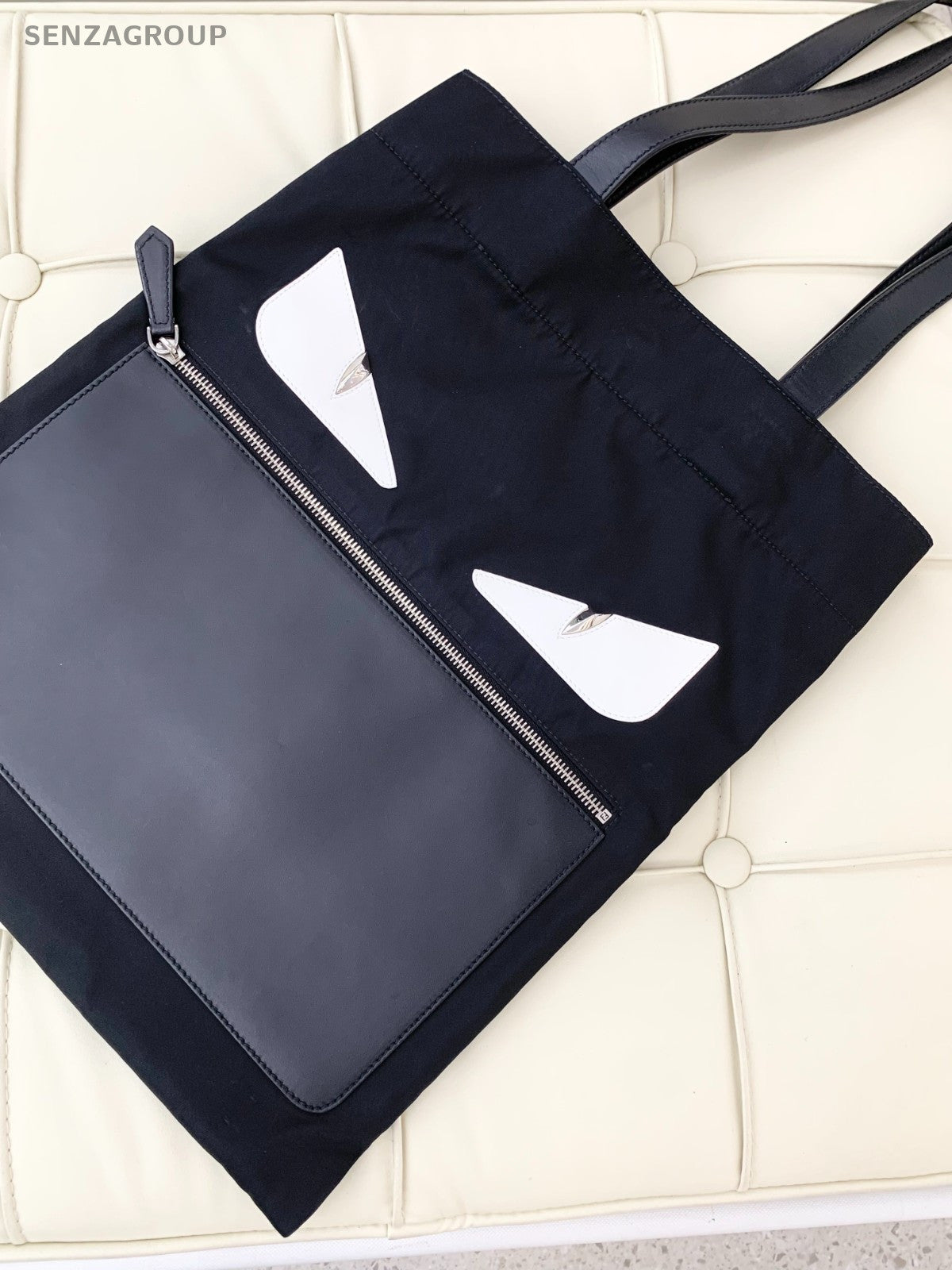 FENDI Monster Logo Tote Canvas Black Silver Shoudler bag Classic