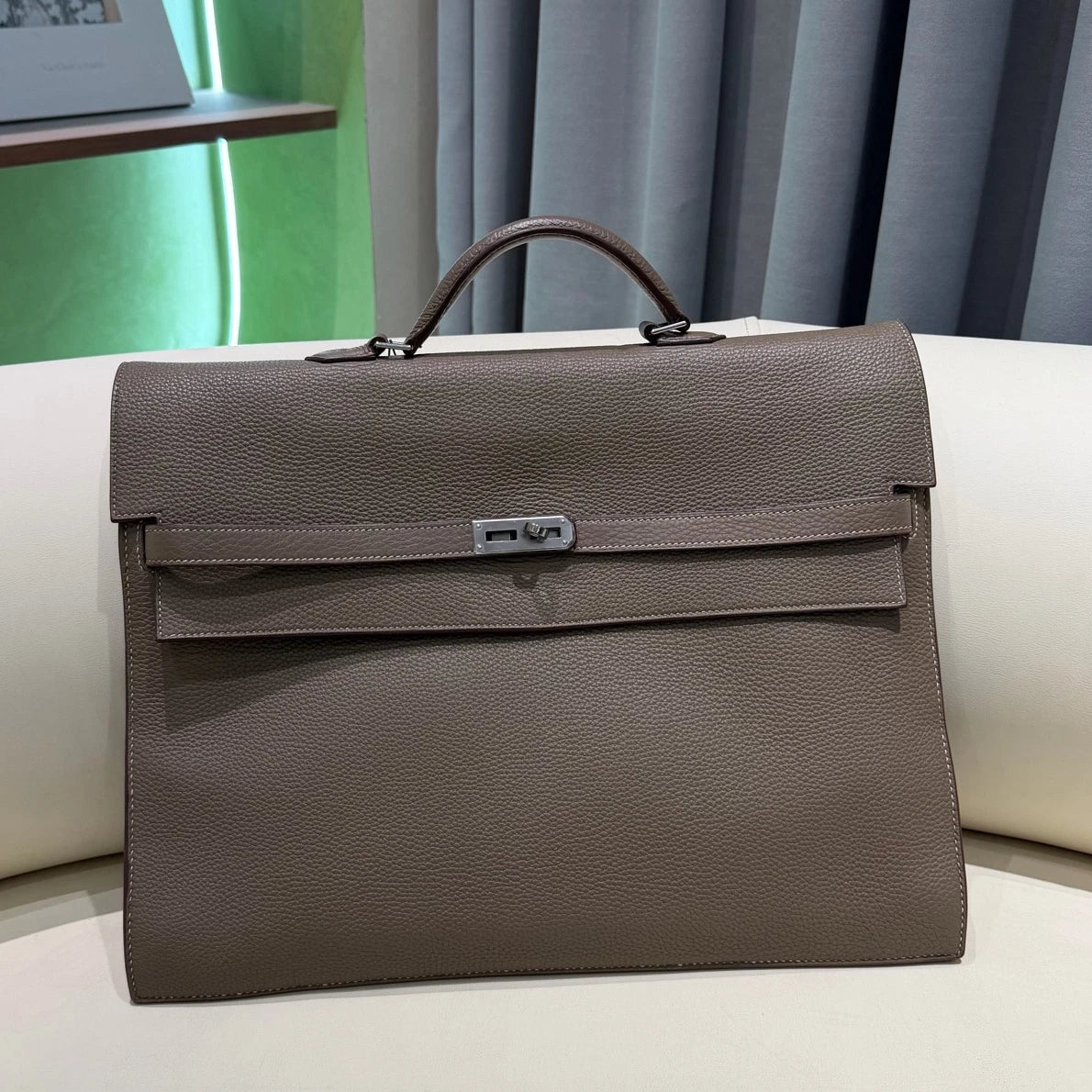 Hermes Kelly Depeche38 Togo Leather Gray Silver Hardware Satchel Handbag