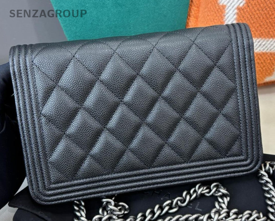 Chanel Leboy WOC Chain Calfskin Shoulder Bag Crossbody Black Silver Women