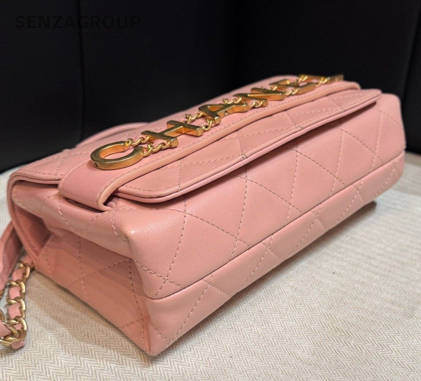 Chanel Calfskin Diamond Chain Shoulder Bag Crossbody Pink Gold Women Classic