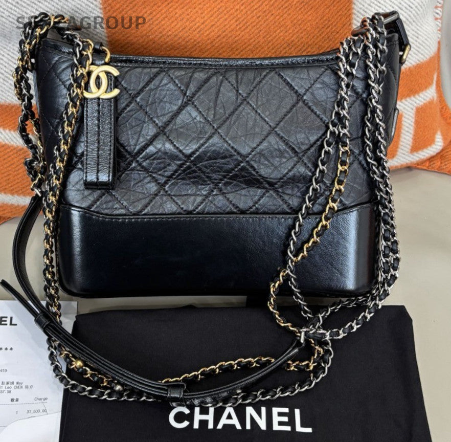 CHANEL Gabrielle MM Diamond Pattern Chain Shoulder bag Crossbody Black Gold