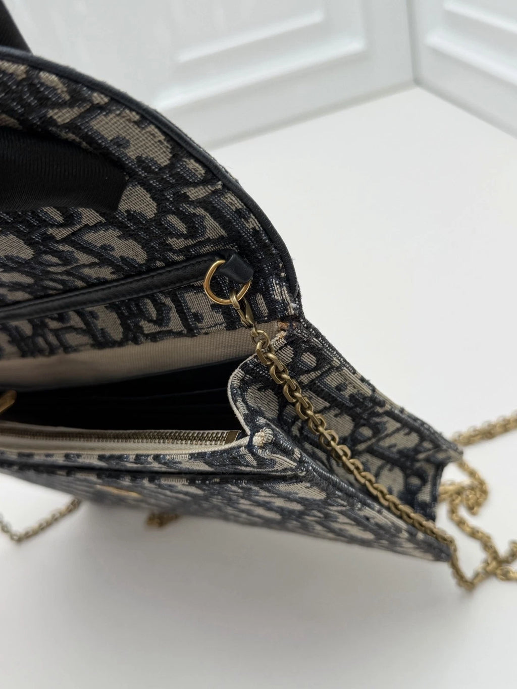 Christian Dior Oblique Canvas WOC Gold Chain Navy Shoulder Bag Crossbody