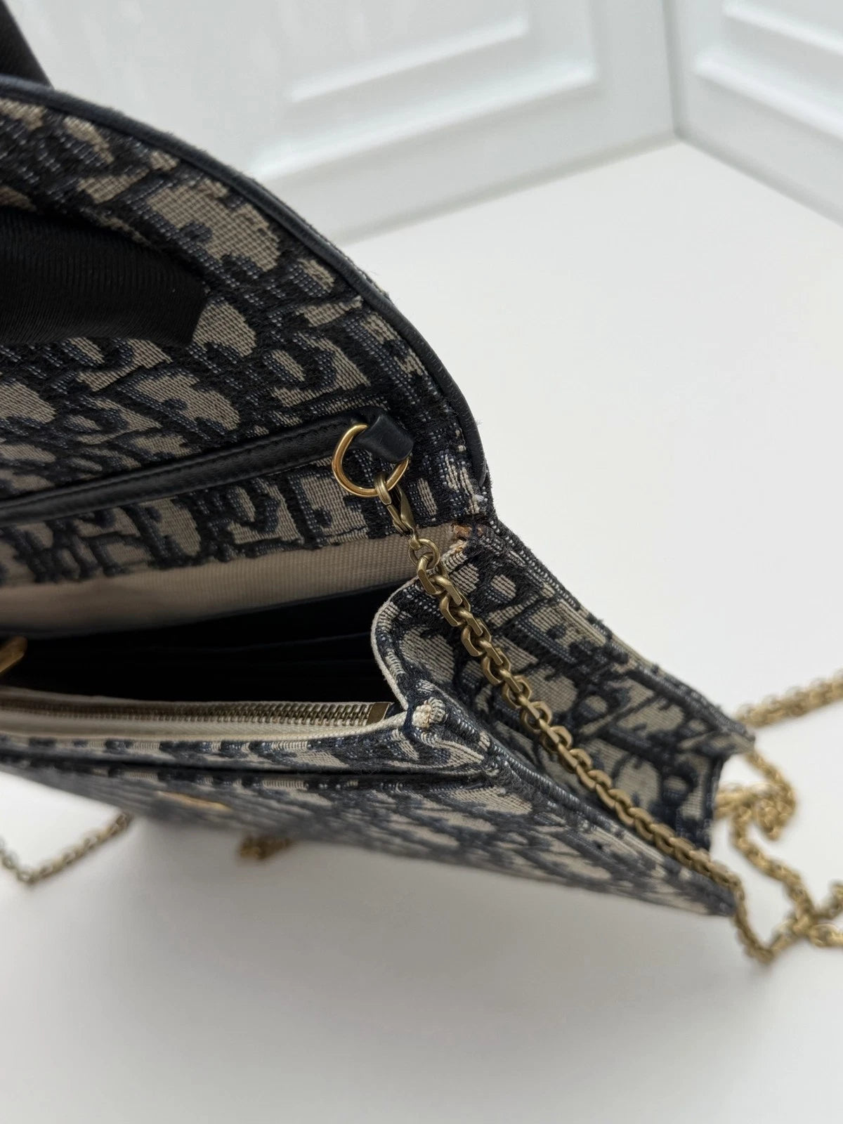 Christian Dior Oblique Canvas WOC Gold Chain Navy Shoulder Bag Crossbody