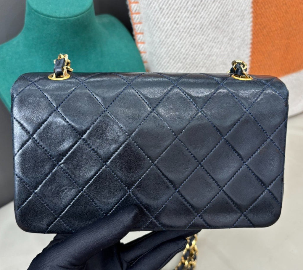 Chanel Lambskin Chain Shoulder Bag Crossbody Blue Gold Women Classic